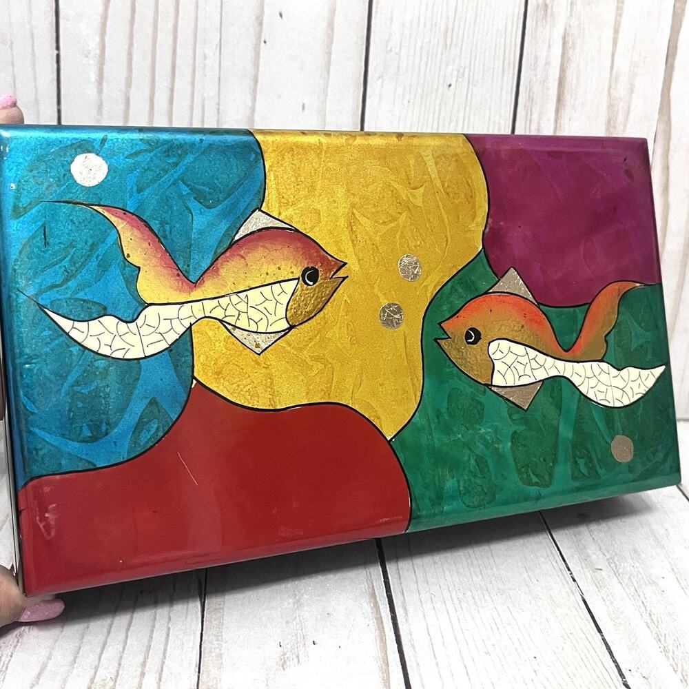 Vintage MCM Lacquer Jewelry Box Abstract Fish Colorful Retro Mirror Red Velvet